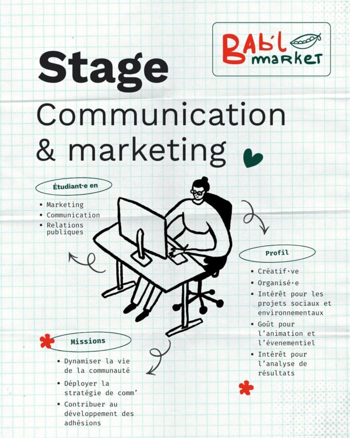 Visuel pour la recherche d'un stagiaire en communication et marketing.